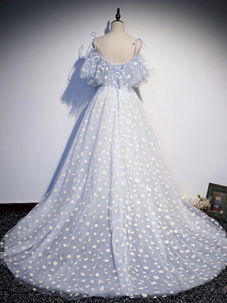 Back view of the elegant blue sweetheart neck tulle long prom dress.