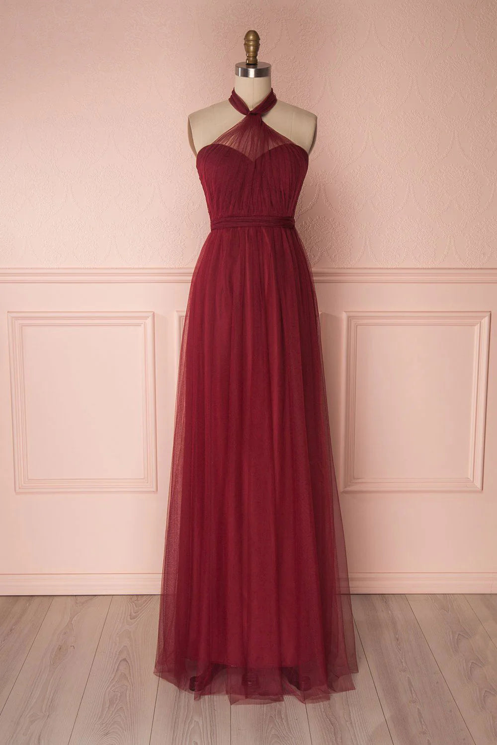 Burgundy tulle long prom dress with sweetheart neckline and A-line silhouette.