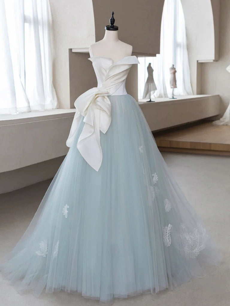 Elegant A-line blue tulle lace long prom dress, front view.