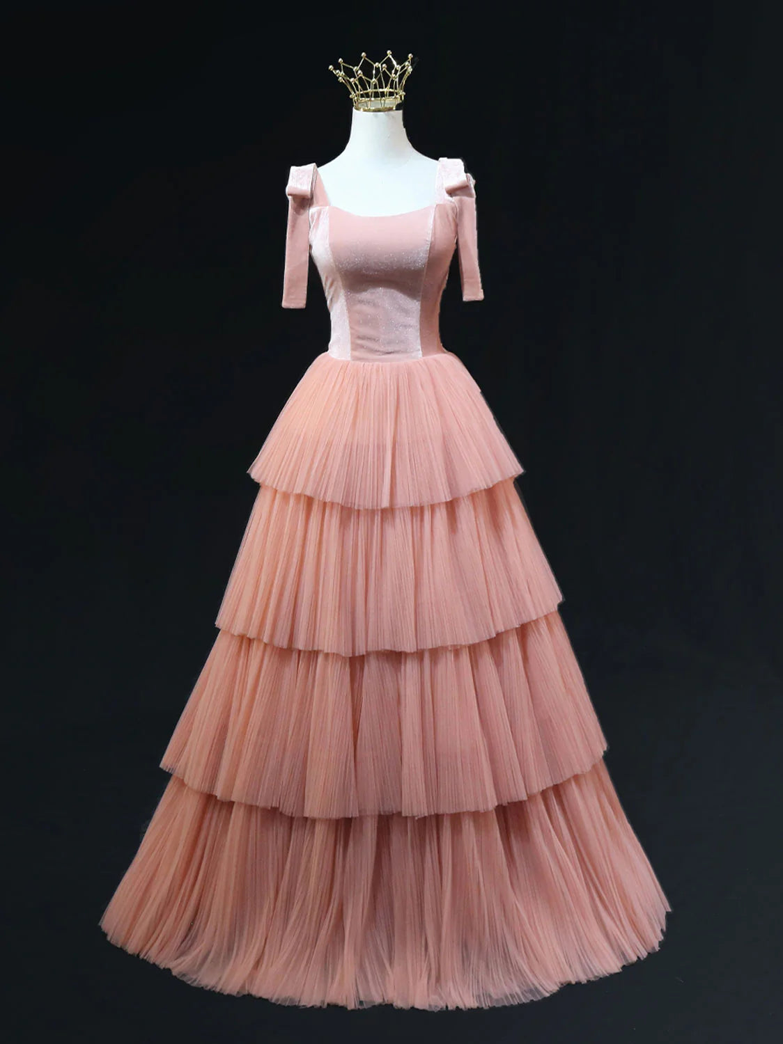 Elegant A-line pink tulle long prom dress.
