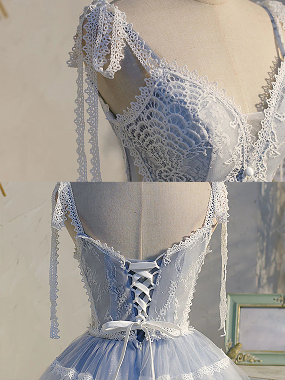 Back view of a blue A-line V-neck lace short prom dress on a model.