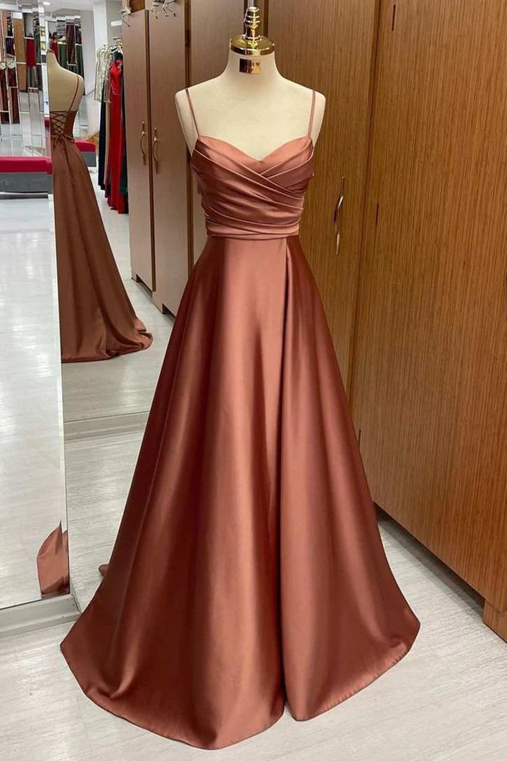Elegant satin A-line bridesmaid dress with spaghetti straps and V-neckline.