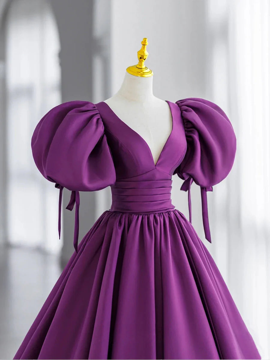 Model wearing an elegant purple V-neck satin long prom dress, back view.