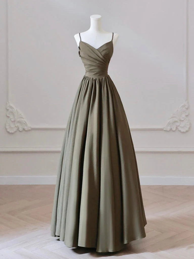 Model wearing an elegant olive green A-line V-neck satin long prom dress.