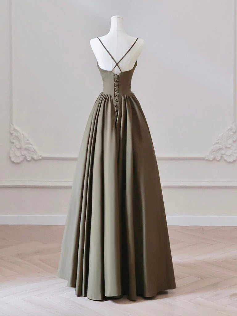Back view of the olive green A-line V-neck satin long evening dress.