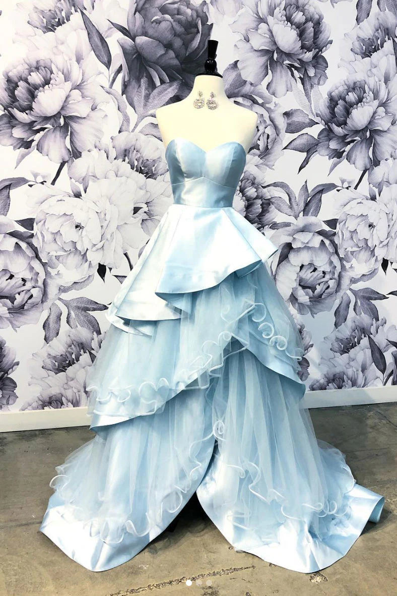 Elegant blue satin A-line long prom dress with a V-neckline.