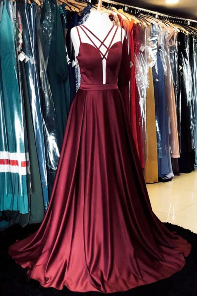 Elegant burgundy satin long prom dress with V-neck and A-line silhouette.