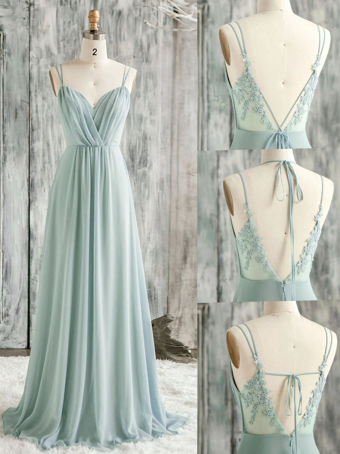 Elegant green V-neck chiffon lace long dress.