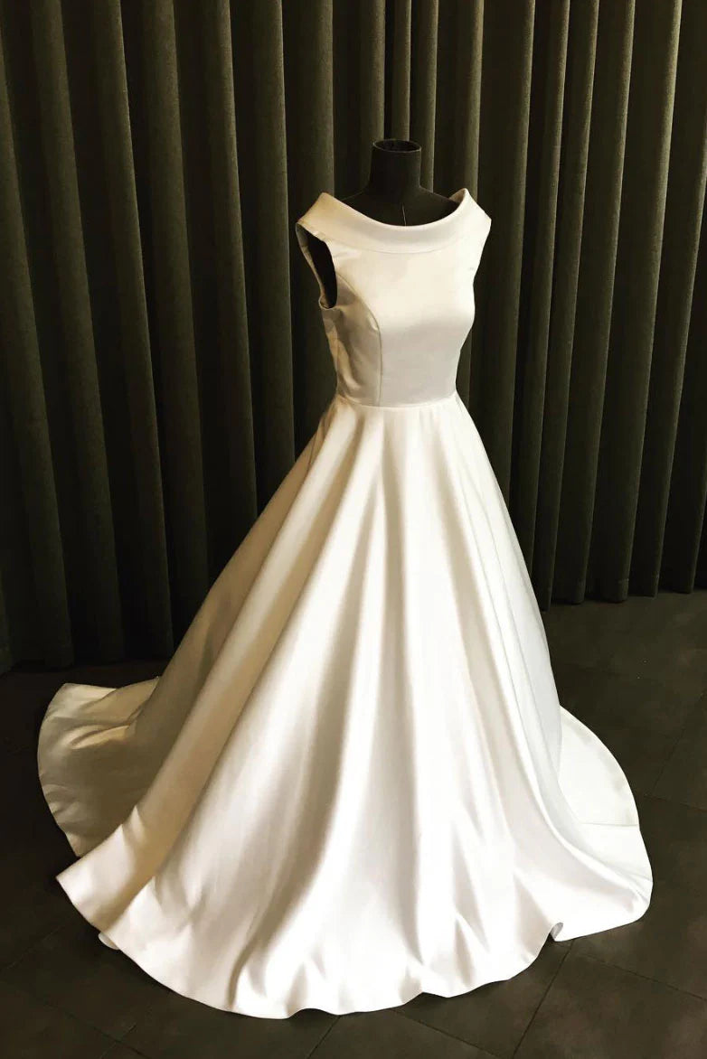 Elegant white satin long prom dress with a V-neck and cinched waist.