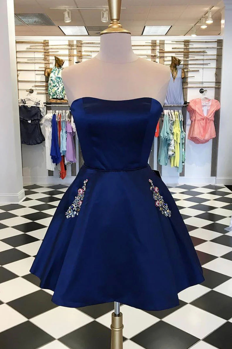 Elegant dark blue short A-line V-neck sleeveless dress for prom or homecoming.