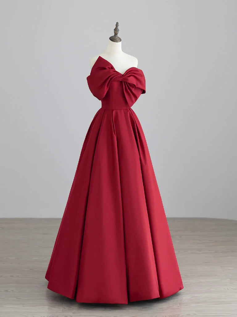 Elegant dark red A-line satin long prom dress.