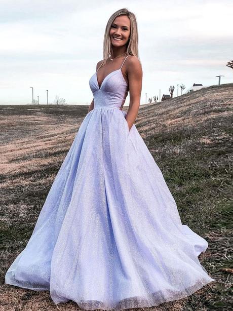 Elegant purple V-neck tulle sequin long prom dress, front view.