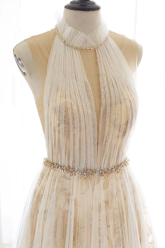Model in elegant light champagne tulle lace long prom dress, side profile.