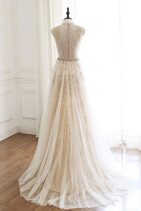 Back view of model in a light champagne tulle lace long prom dress.