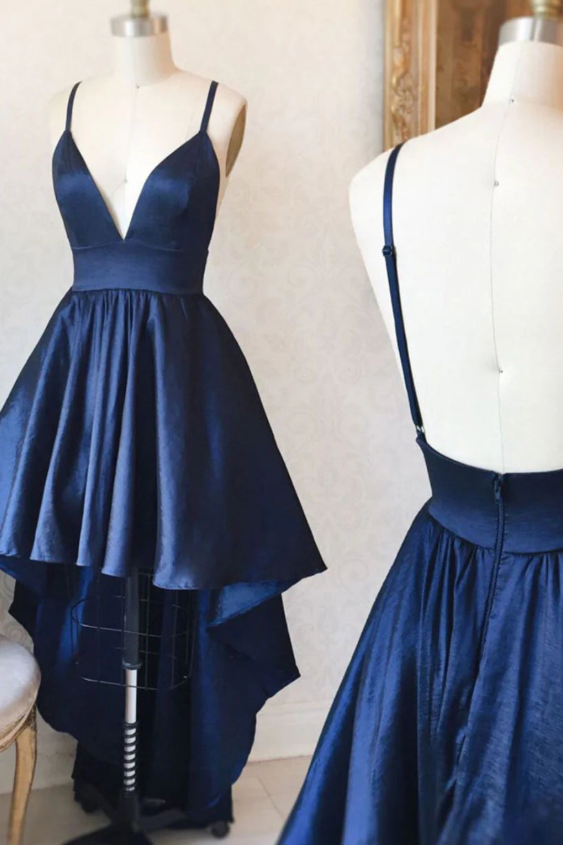 Elegant dark blue V-neck high-low prom dress with spaghetti straps.