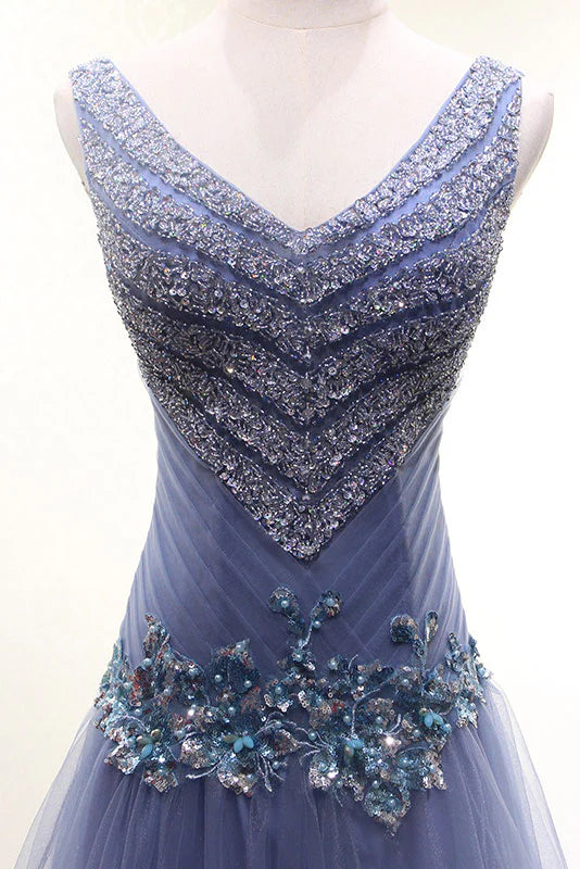 Side view of the A-Line V-neck tulle beaded long evening dress.