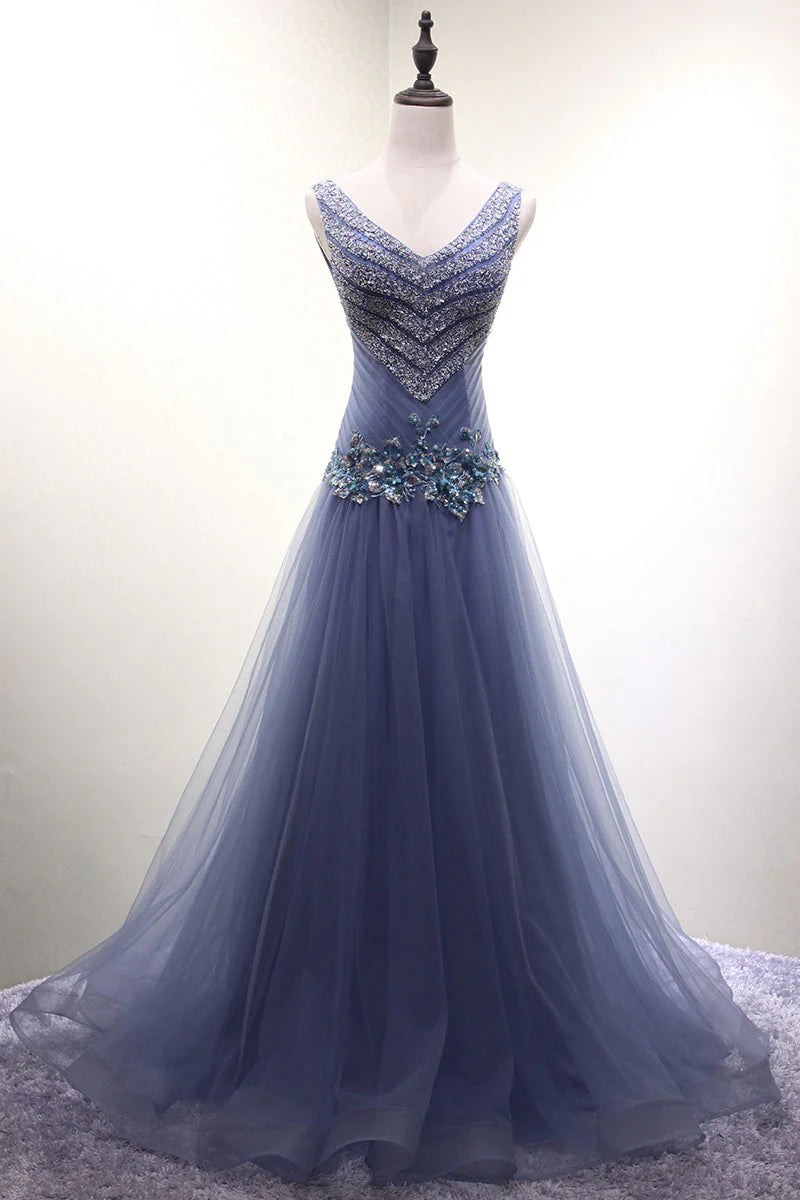 Back view of the elegant A-Line V-neck tulle beaded long dress.