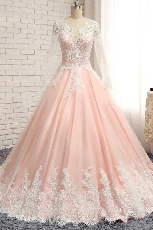 Elegant A-Line V-Neck pink tulle lace long prom evening gown, front view.