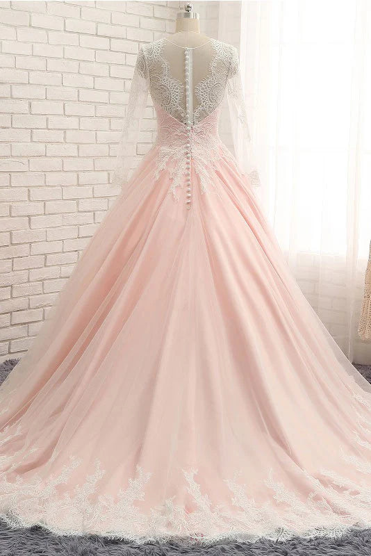 Elegant A-Line V-Neck pink tulle lace long prom evening gown, side view.