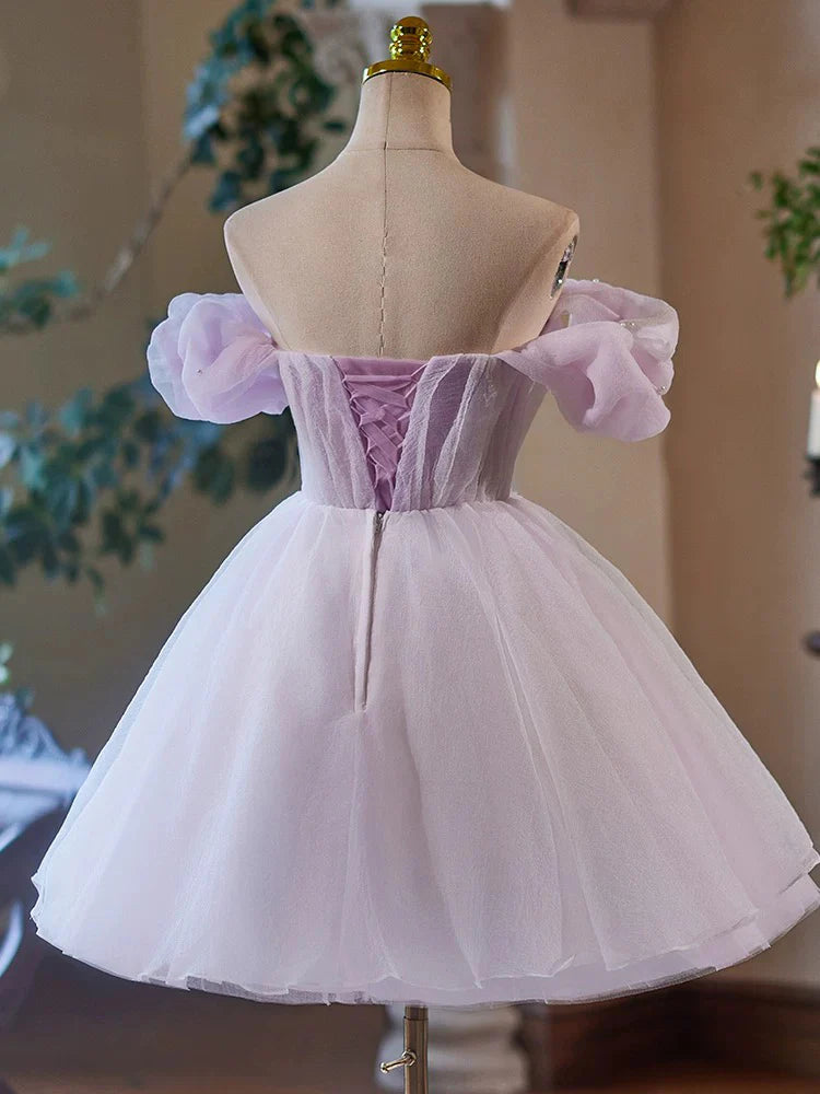 Back and side view of an A-line V-neck short homecoming dress with off-shoulder design.
