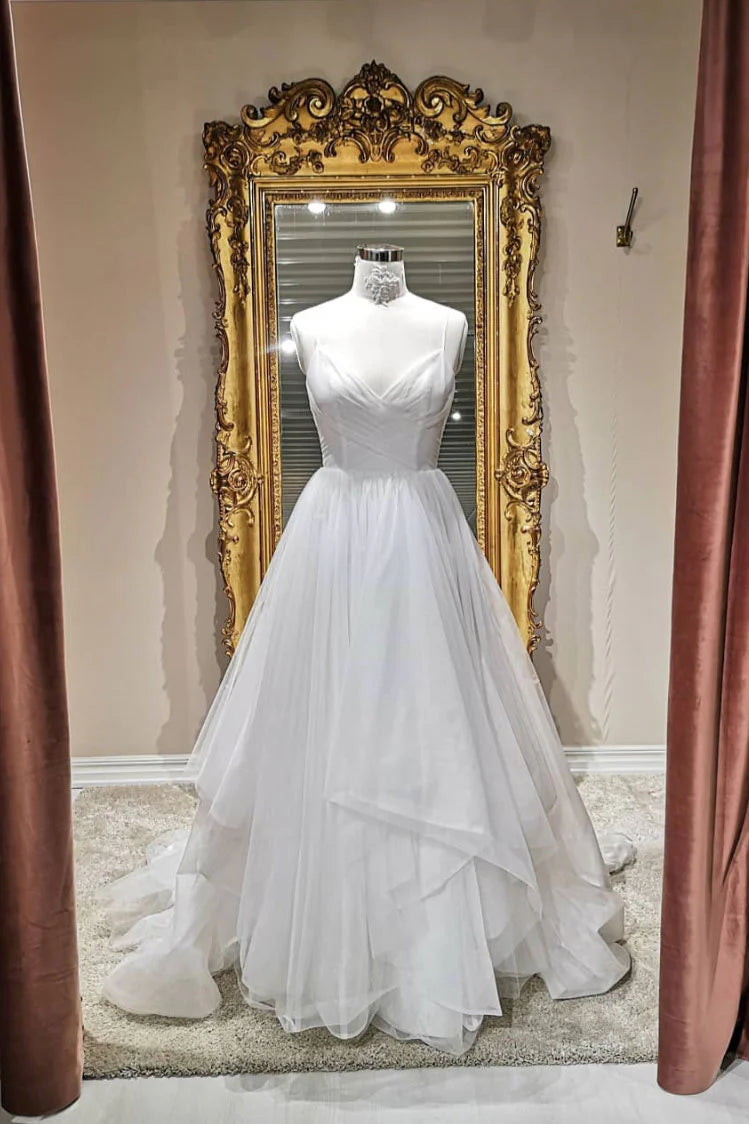 Elegant white V-neck tulle long prom dress with spaghetti straps.