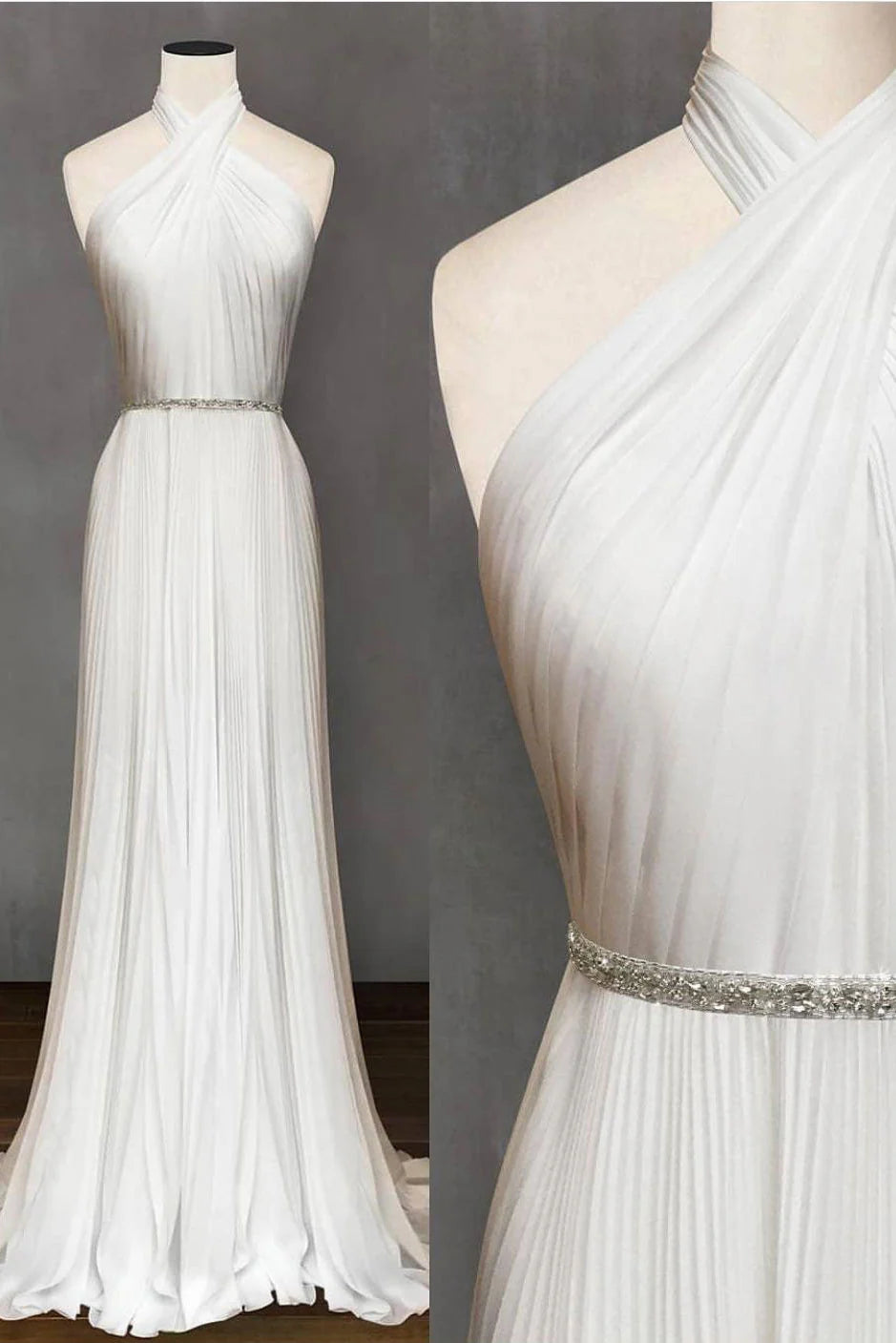 Woman wearing an elegant gray and white chiffon long prom dress.