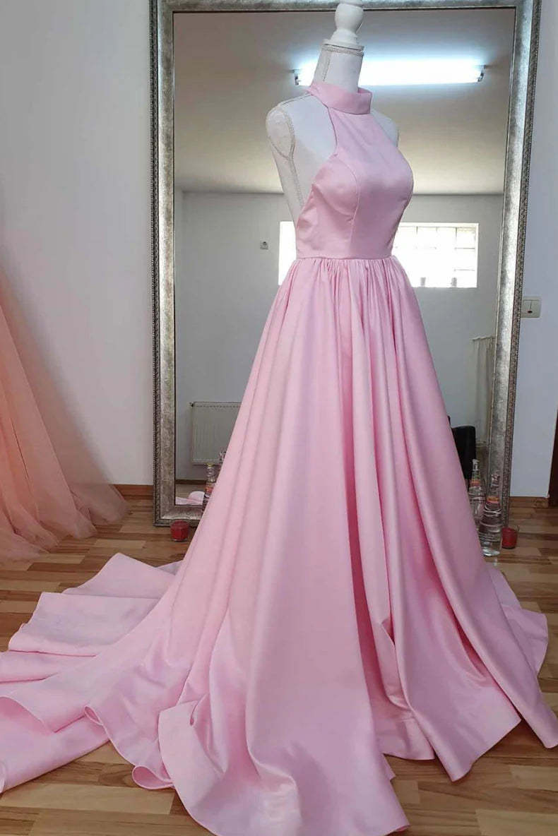 Elegant pink satin high neck long prom dress with a backless design.