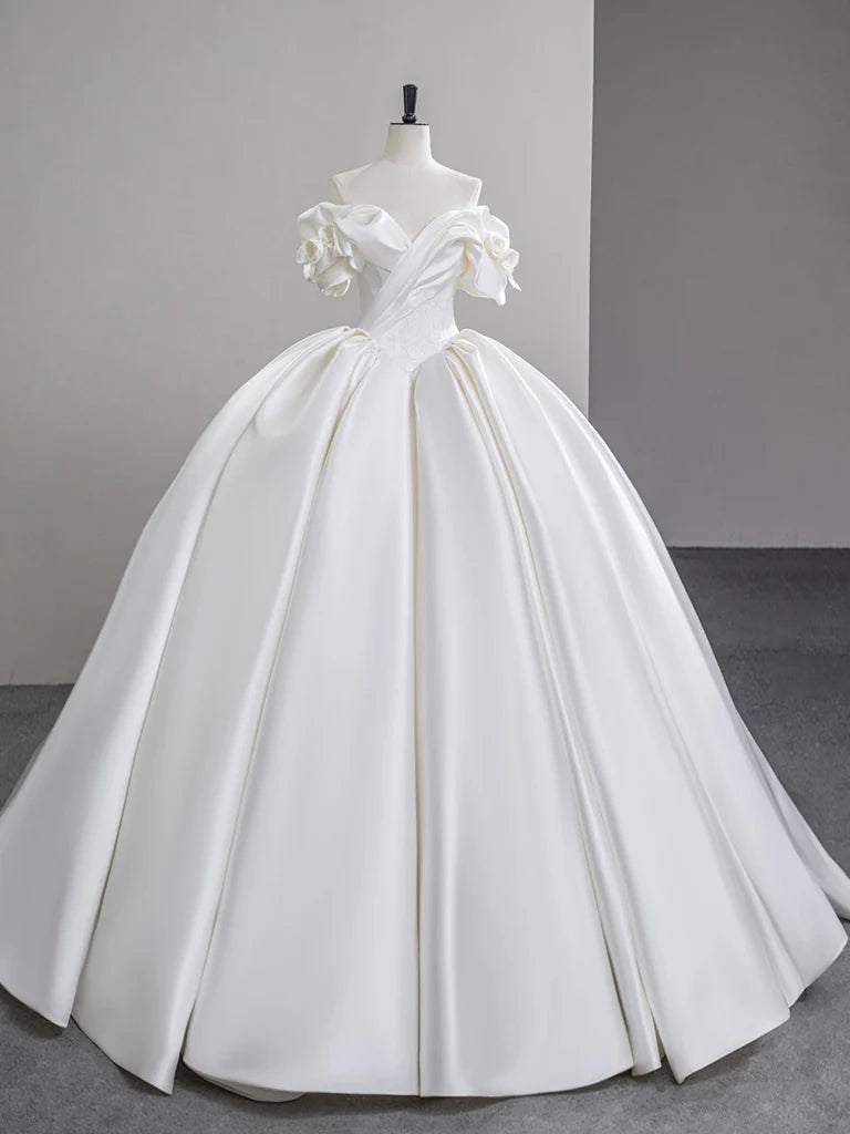 Elegant white A-line off-shoulder satin long prom dress.
