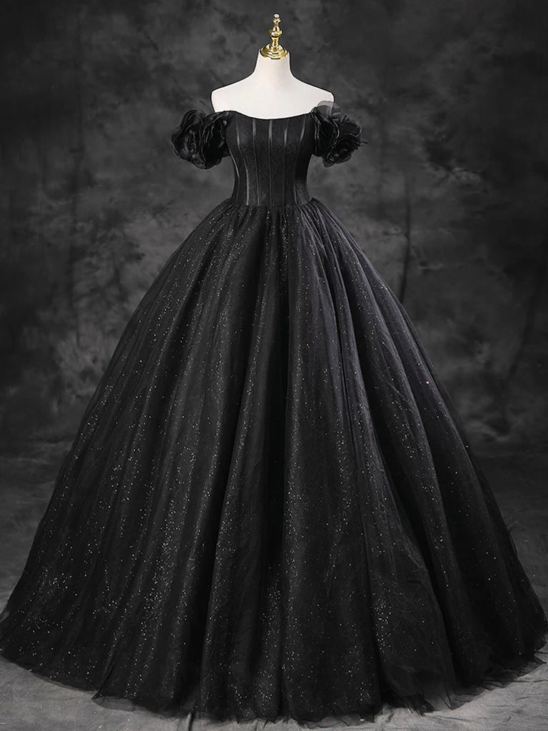 Elegant A-line off-shoulder black tulle long prom dress, front view.