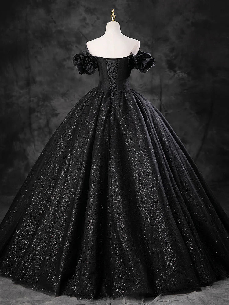 Graceful A-line off-shoulder black tulle long formal dress, back view.
