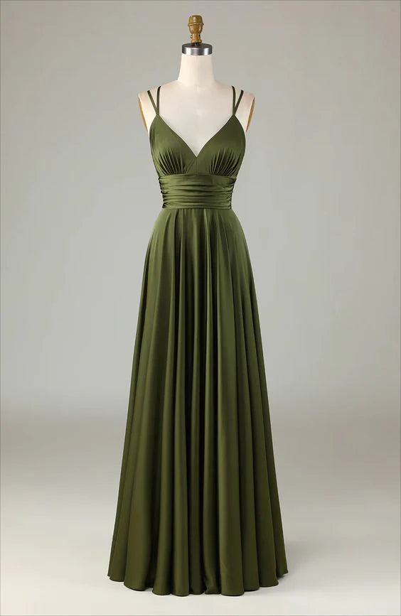 Front view of an elegant A-line sleeveless olive long bridesmaid dress.