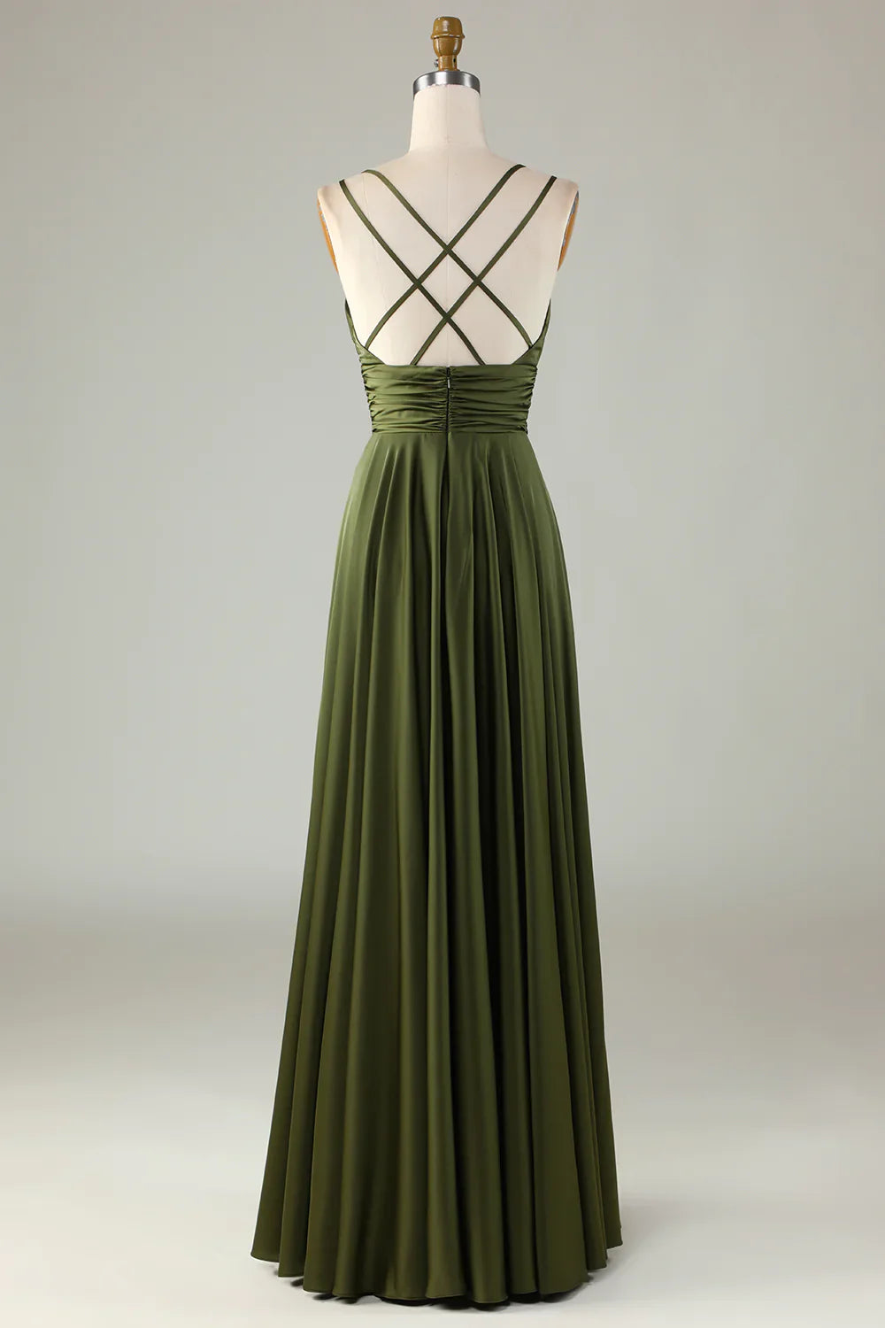 Side view of a model wearing the flowy A-line sleeveless olive long bridesmaid dress.