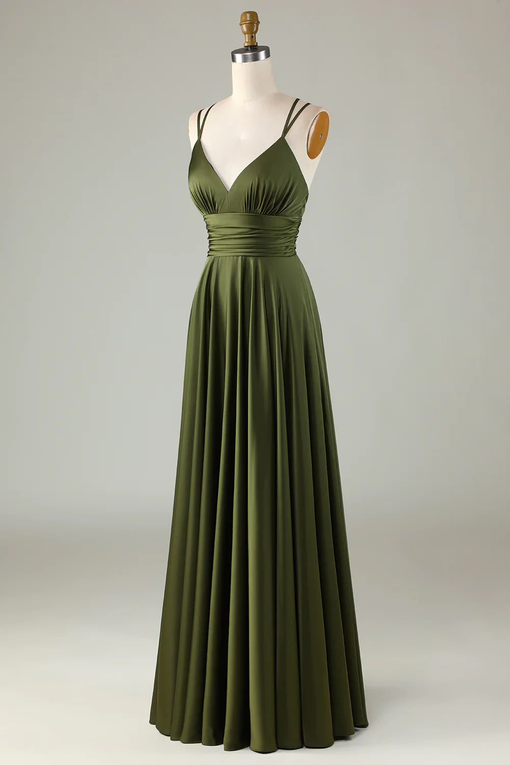 Back view of the elegant A-line sleeveless olive long bridesmaid dress.