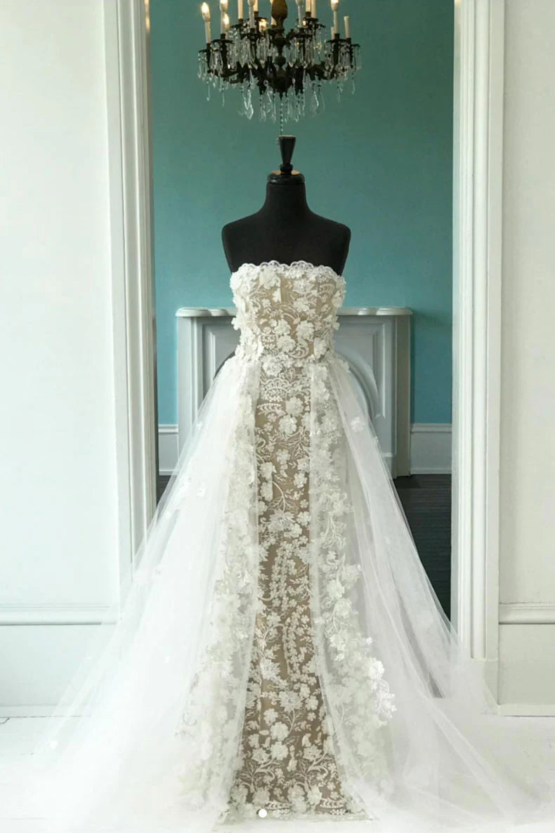 Elegant white A-line V-neck floral lace long wedding and prom dress.
