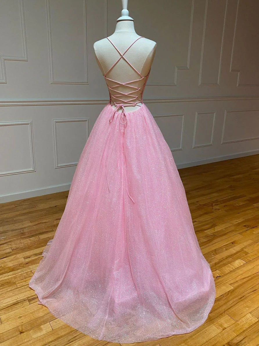 Model posing gracefully in the pink A-line V-neck tulle long evening dress.
