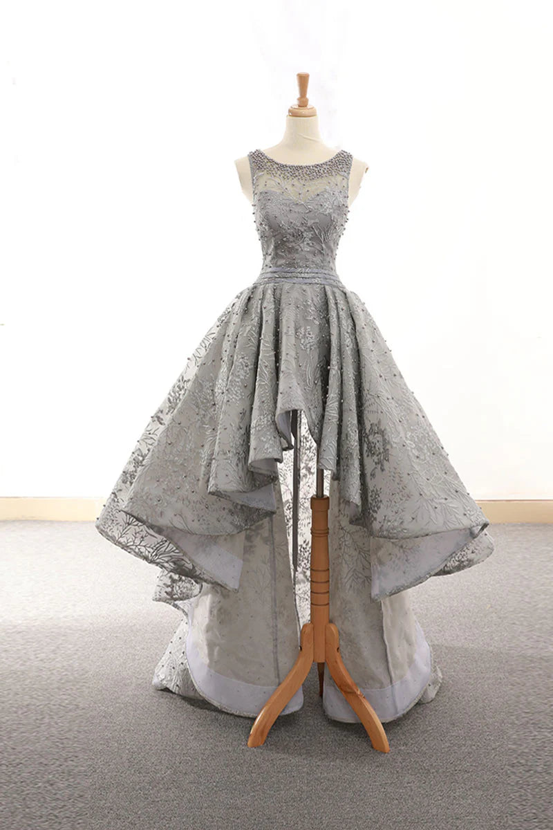 Elegant gray high-low tulle lace prom dress with a backless design, front view.