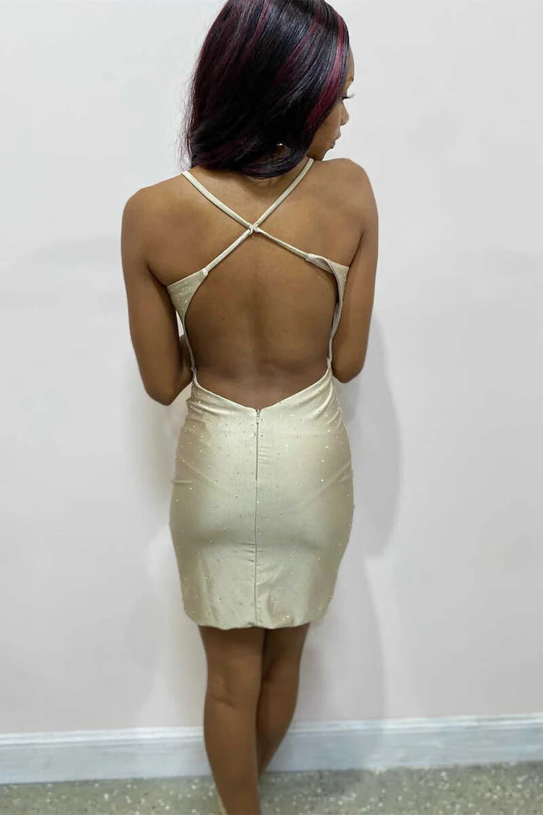 Back view of Champagne Beaded Cross-Back Bodycon Mini Cocktail Dress on woman.