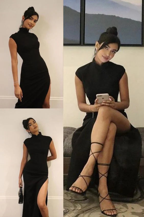 Elegant black Chinese style ball gown with a mid-high neck and high slit, worn by a woman.