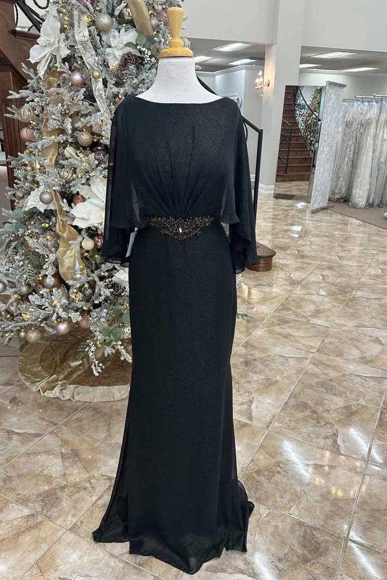 Elegant black Mother of the Bride dress with rhinestone cape sleeves and sweeping train, front view.
