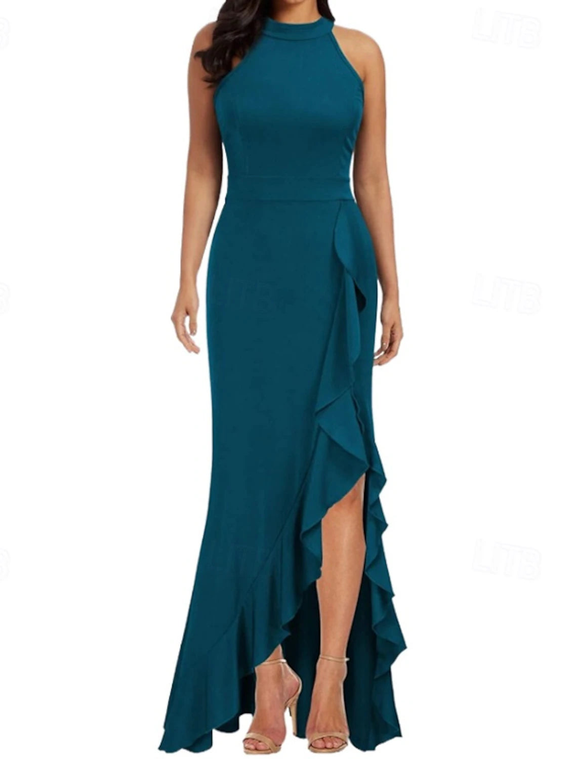 Woman wearing an elegant blue regular fit crew neck maxi dress.