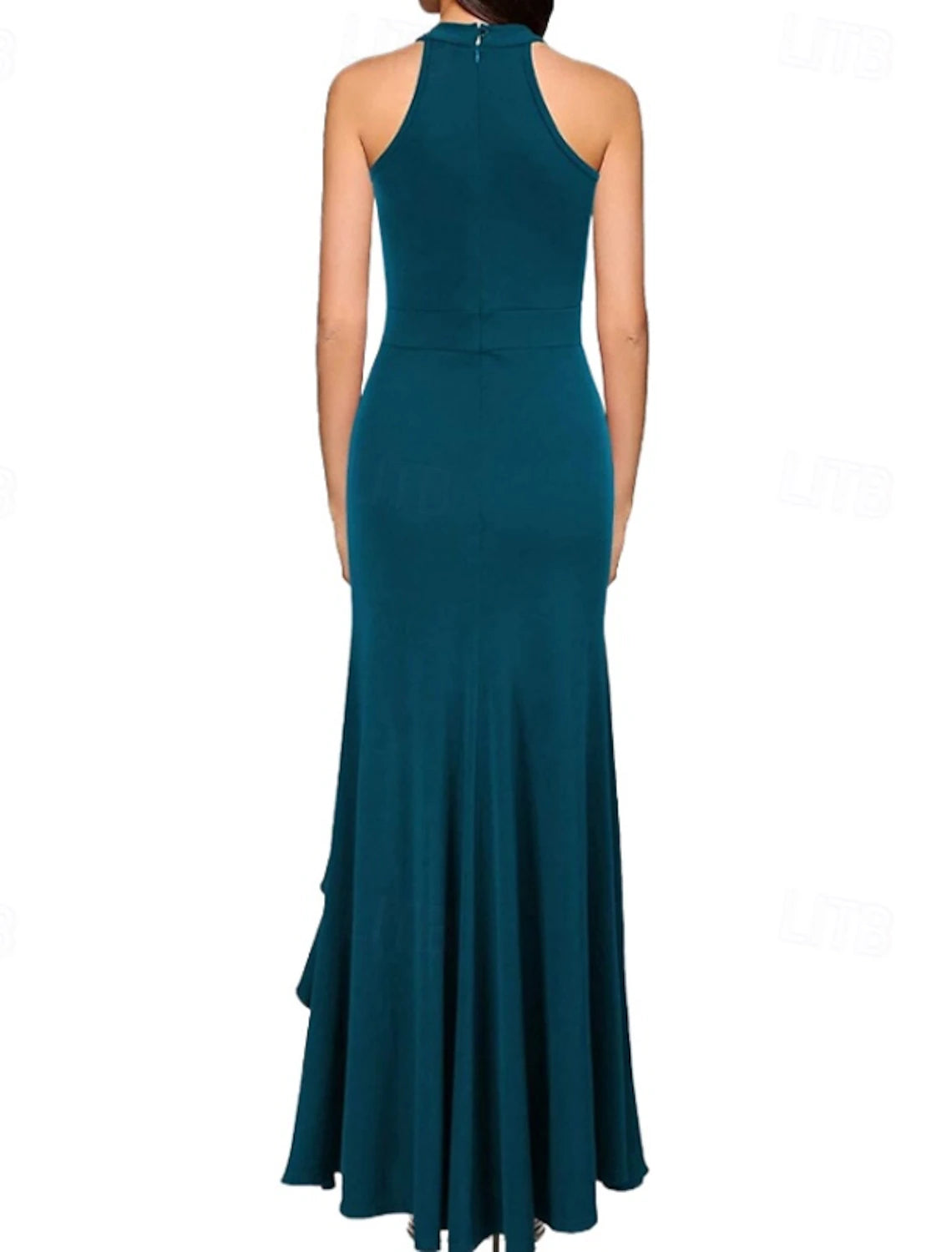 Side view of a woman in a blue sleeveless maxi dress for special occasions.
