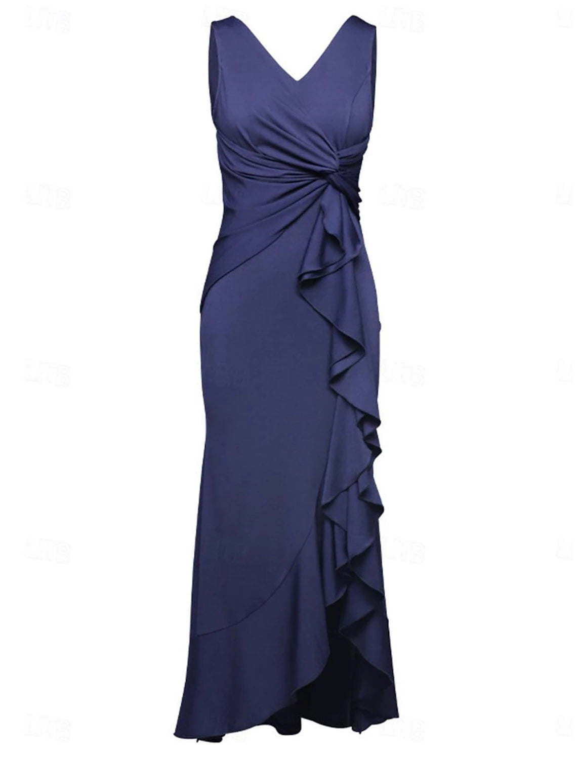 Elegant dark bodycon maxi dress with ruffle and side split on a model.