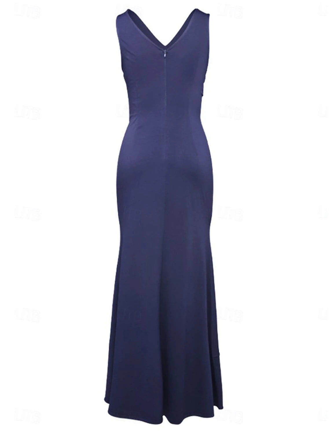 Model showcasing a sophisticated dark bodycon maxi dress with ruffle detail.