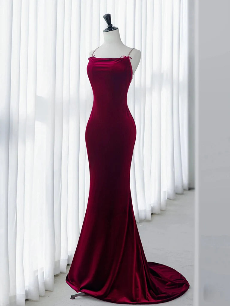 Elegant burgundy velvet mermaid long prom dress.