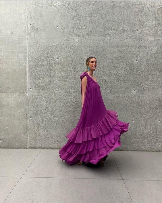 Full length view of the custom-made chiffon prom dress, highlighting its graceful silhouette.