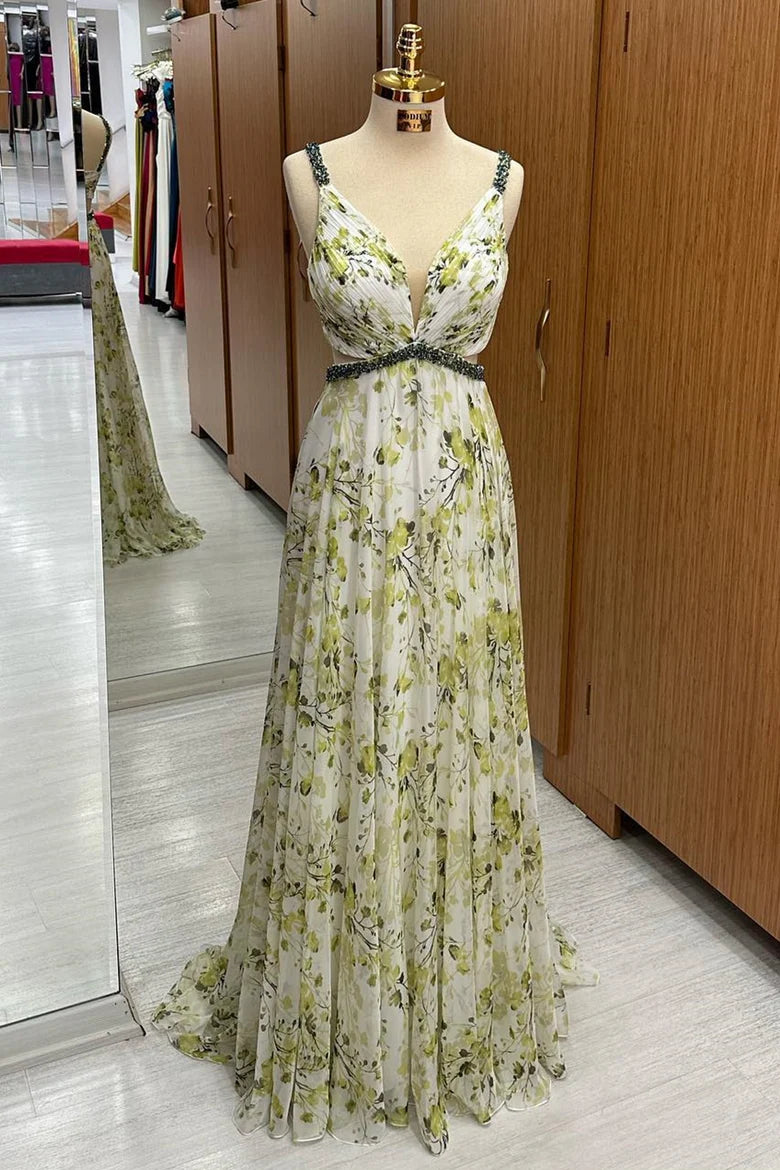 Elegant floral print chiffon maxi dress with V-neck and beaded bodice on a model.