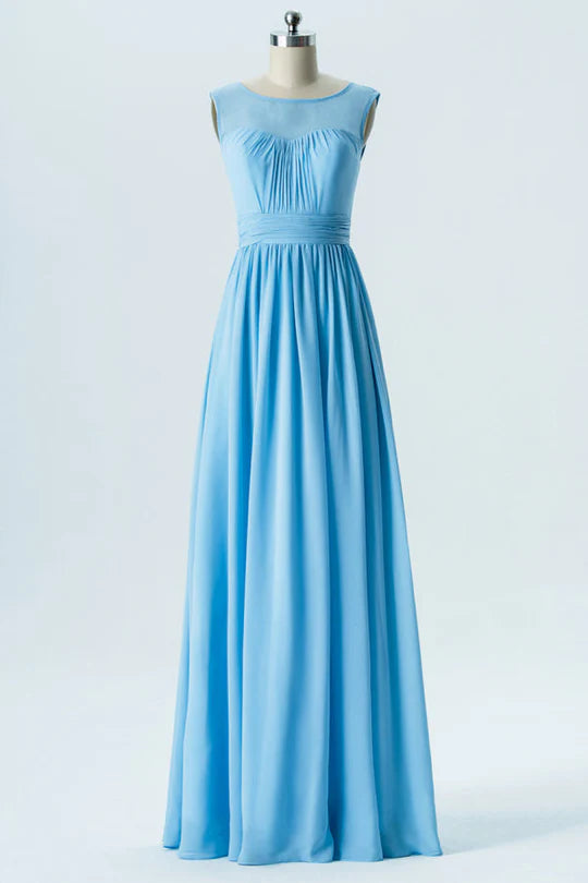 Model wearing a blue chiffon floor-length bridesmaid dress with a rounded neckline.