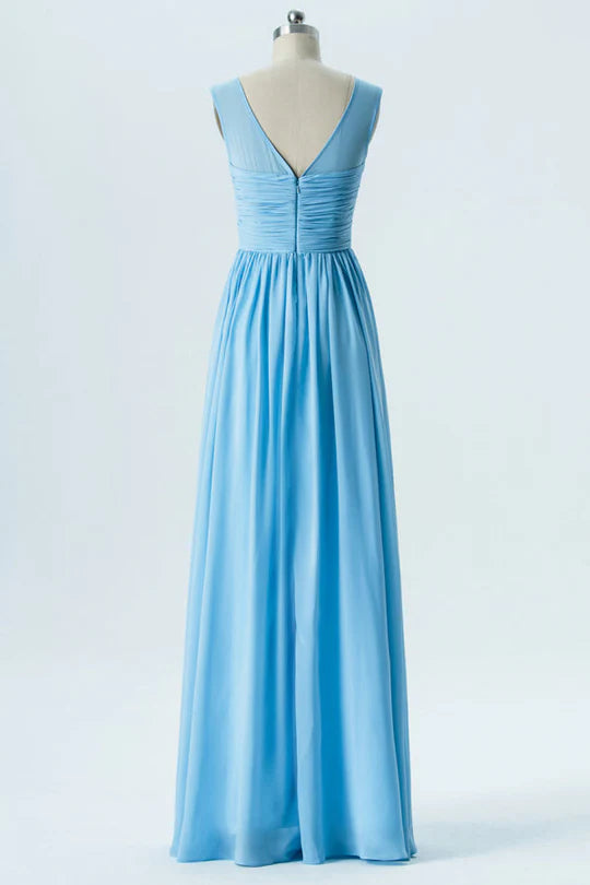 Back view of the blue chiffon bridesmaid dress, highlighting the sweetheart backless design.