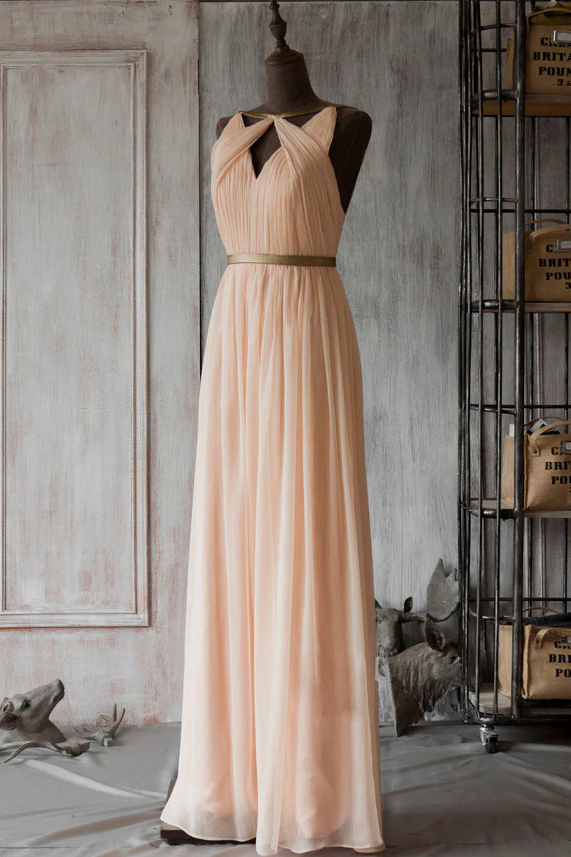 Model wearing an elegant pink chiffon long prom dress with a backless design.