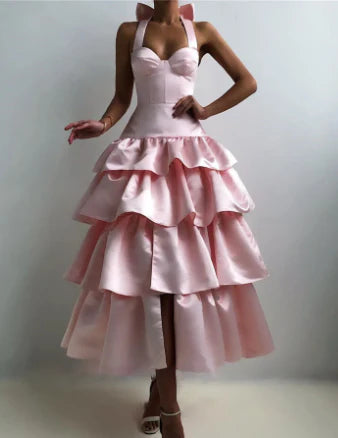 Back view of the elegant pink satin sleeveless evening dress.